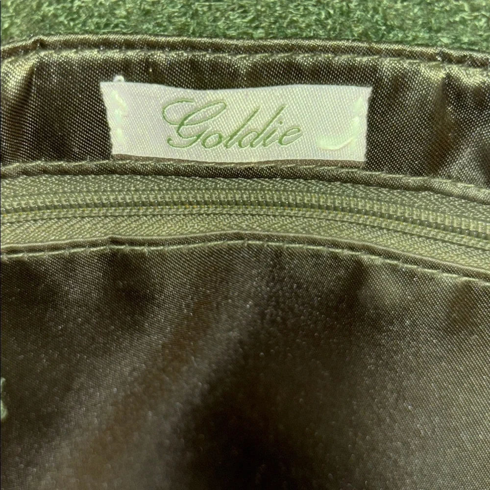 GOLDIE BRAND OLIVE/MOSS GREEN WOOL BAG PINK RIBBON THROUGHOUT BRASS HANDLE